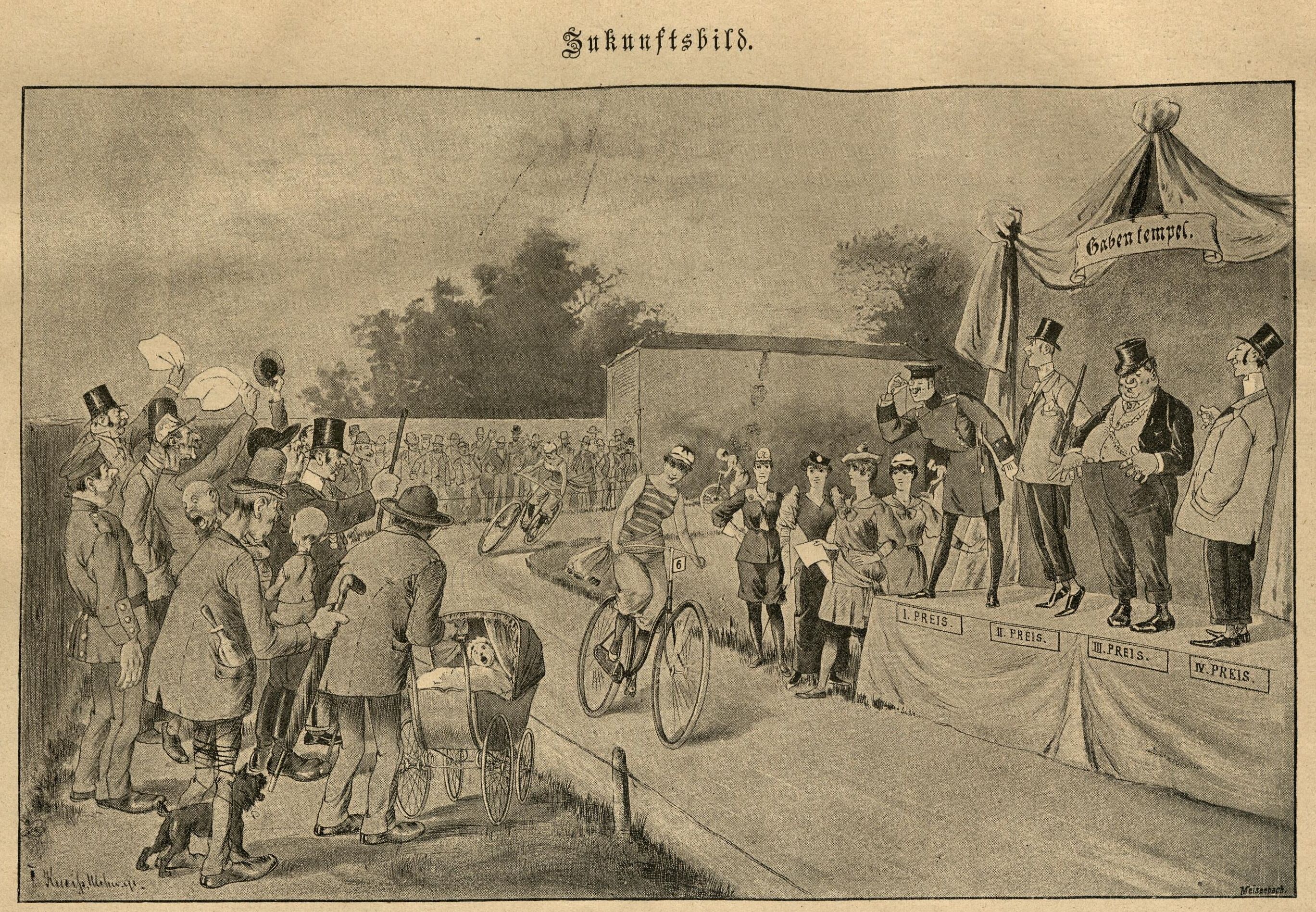 1891 noch Zukunftsbild: Damenrennen mit Gabentempel