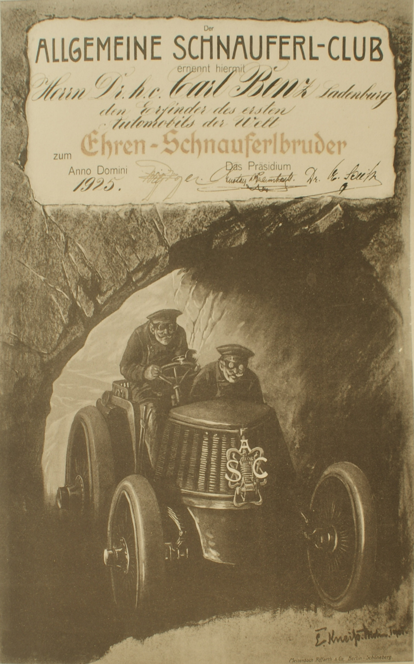 Ernennung von Carl Benz zum Ehrenschnauferl-Bruder 1925