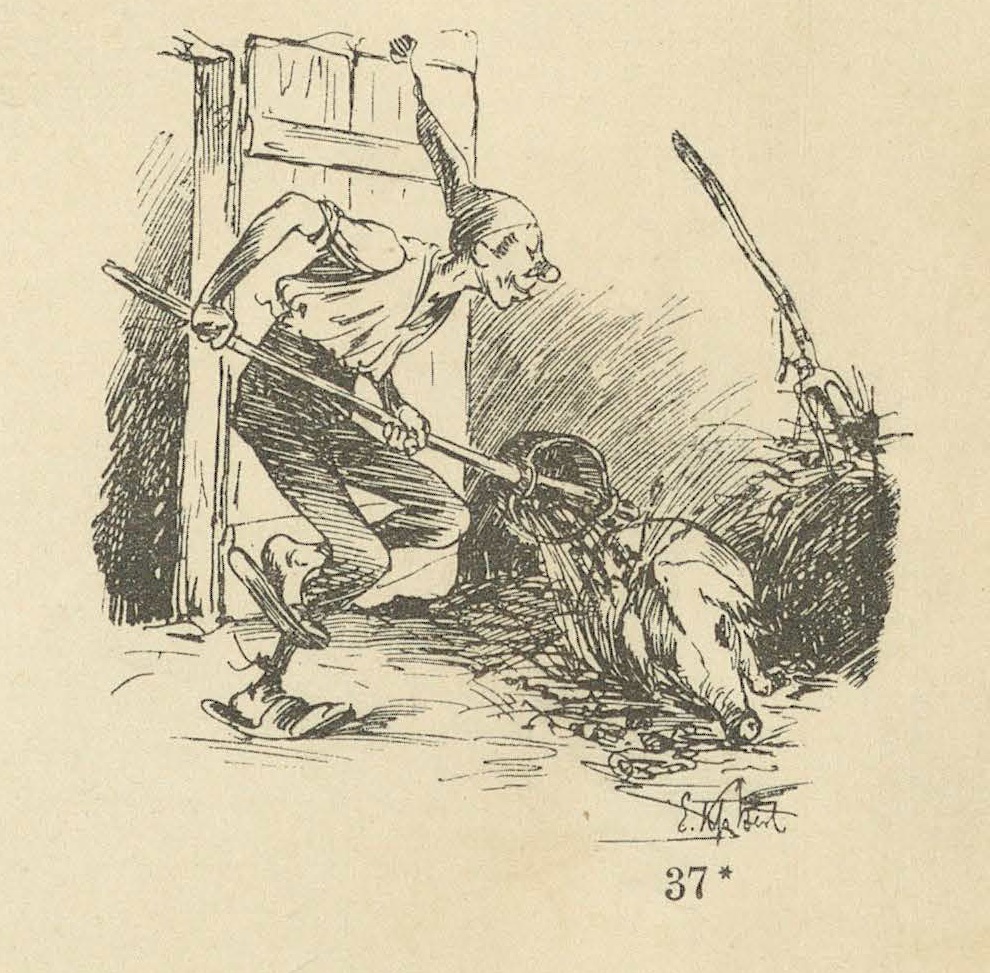 Ein Knecht schüttet einen Kübel mit Jauche auf ein Schwein