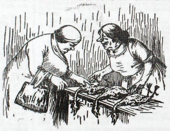 Frau Birnzwiefel bei der Geflügelhändlerin